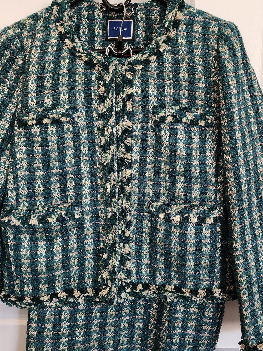 J Crew Teal and Cream Tweed Fringed Boxy Jacket And Skirt With Sparkle